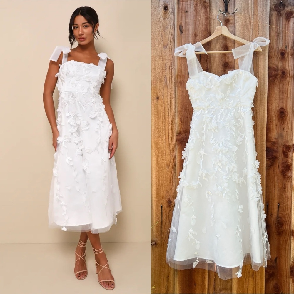 White Tulle 3D Floral Tie-Strap Bow Midi Dress